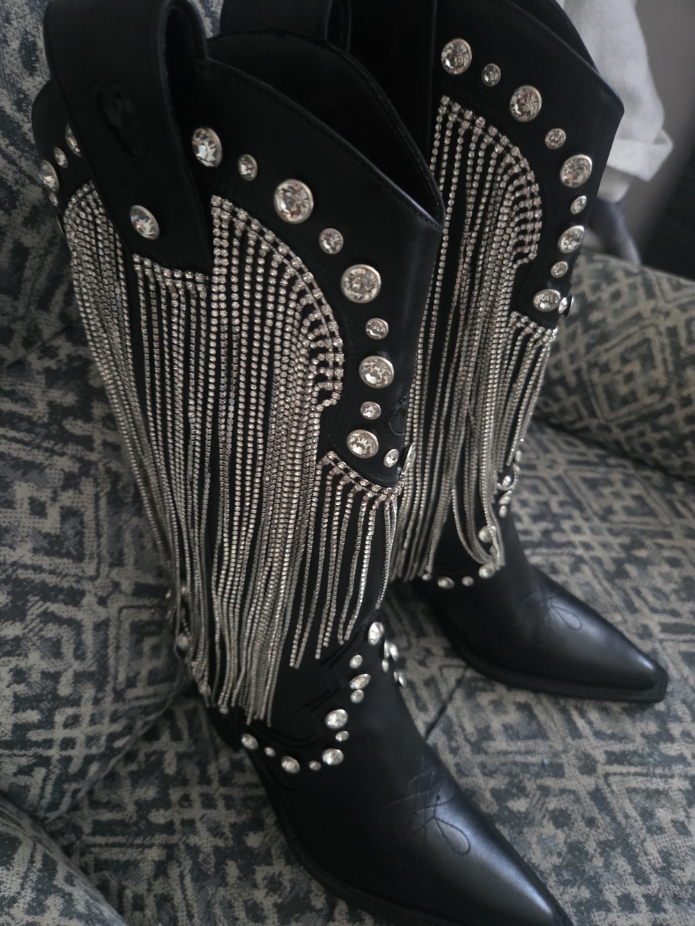 Black Rhinestone Fringe Western Knee-High Boots - Picture 1 of 3